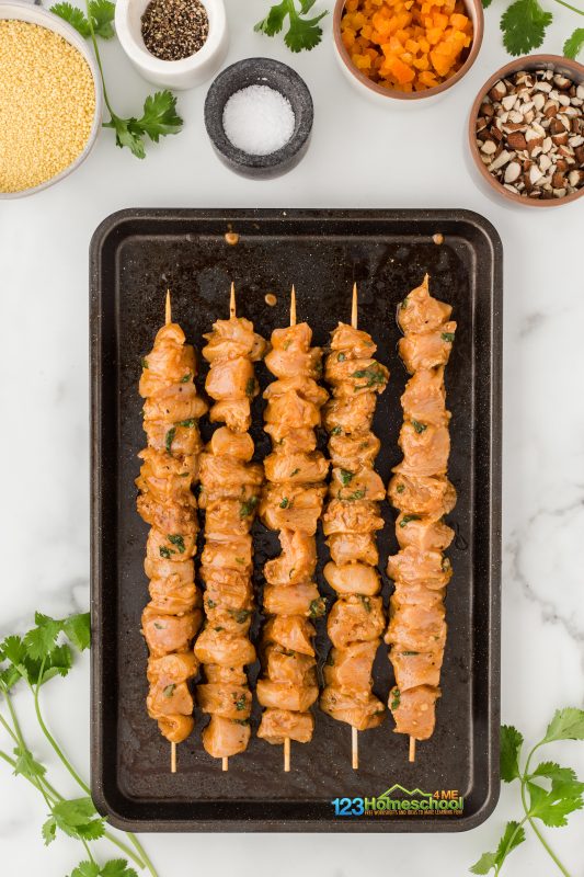 thread marinated chicken onto skewers Skewer the chicken onto 4 to 8 skewers for easy grilling!