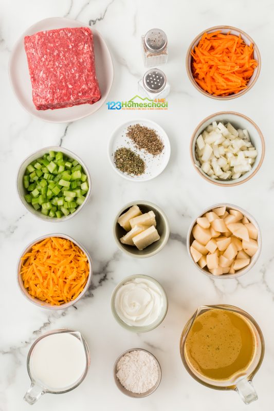 Cheeseburger chowder soup All you need to whip up a kettle of cheeseburger soup are a few ingredients:
ground beef
onion
carrots
celery
basil
parsley flakes
butter
chicken broth
potatoes
all pupose flour
cheddar cheese
milk
salt
pepper
sour cream
bacon
ketchup
mustard