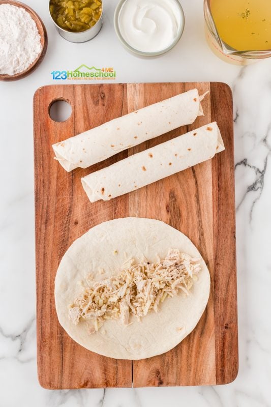Creamy white chicken enchiladas Fill each of the 10 flour tortillas with the delicious chicken mixture!