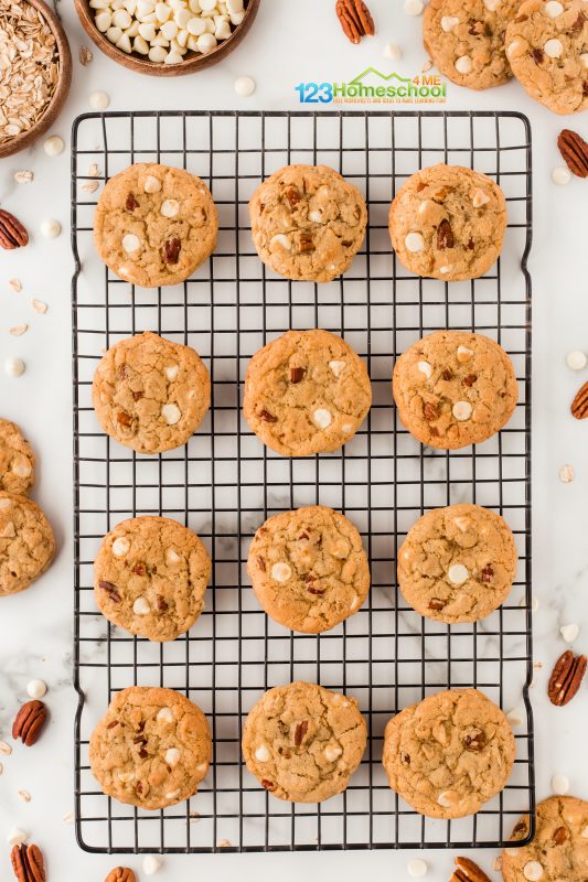 Oatmeal chocolate chip cookies Carefully transfer the white chocolate oatmeal cookies from the baking sheets to wire racks and let them cool.