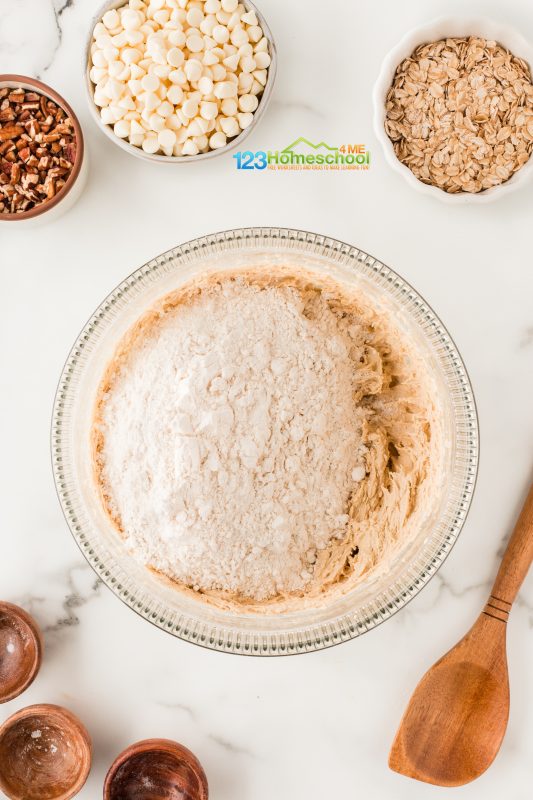 add dry ingredients To ensure a perfectly blended batter, sift the flour, baking powder, baking soda, and salt together. Then, gently fold this dry mixture into your creamed ingredients.