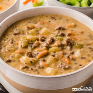 Try our easy and delicious Cheeseburger soup that captures the flavor of a bacon cheeseburger with added potatoes for extra heartiness!