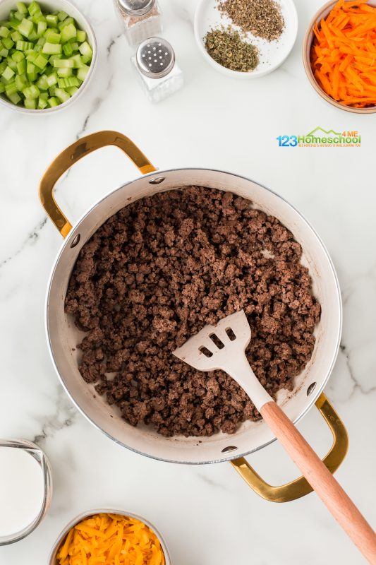 brown ground beef Start by browning the ground beef in a 3-quart saucepan. Once it’s cooked to perfection, make sure to drain off any excess fat and set it aside for later.