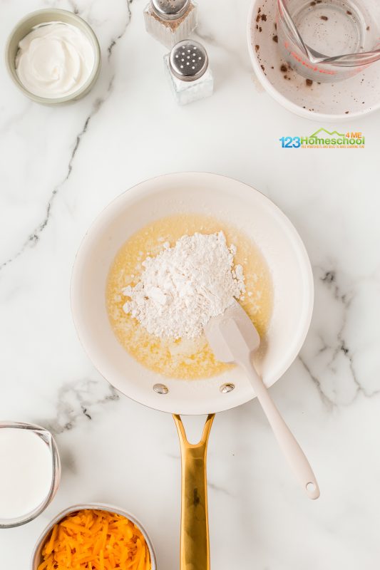 melt butter and brown flour Melt the remaining 3 tablespoons of butter in a pan, then whisk in the flour. Keep stirring for about 3 to 5 minutes until the mixture is bubbly and golden!