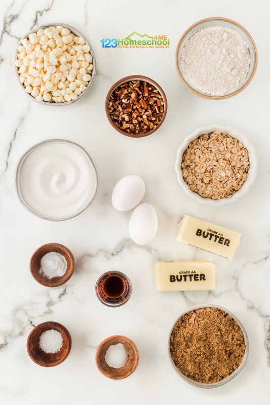oatmeal white chocolate chip cookie ingredients All you need to whip up this batch of delicicious homemade cookies are a few simple ingredients:
butter
brown sugar
granulated sugar
eggs
vanilla extract
all-purpose flour
baking powder
baking soda
salt
rolled oats
white chocolate chips
chopped pecans