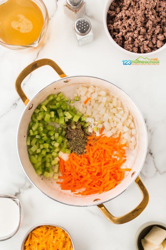 saute veggies and sesoning In the same saucepan, melt 1 tablespoon of butter, then toss in some diced onion, shredded carrots, parsley flakes, basil, and celery. Sauté until everything is tender and fragrant.
