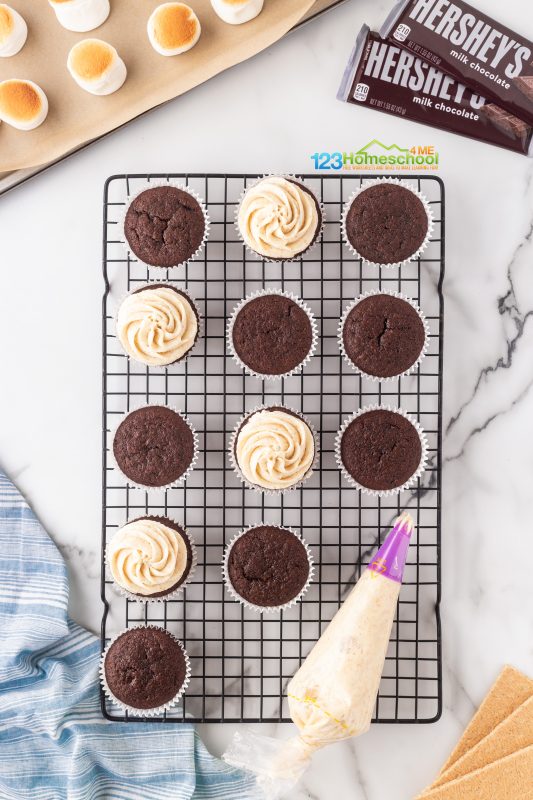 Cupcake S'mores recipe Transfer it to a piping bag fitted with a large tip, and get ready to pipe it onto your cooled cupcakes for a delicious finish!