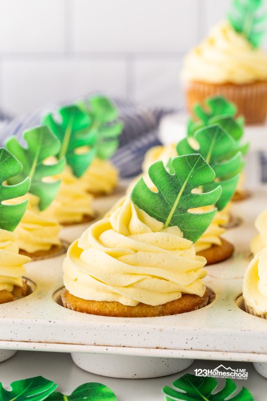 Summer cupcake recipe Set the iced cupcakes on a plate and add a charming edible leaf topper for the perfect touch!