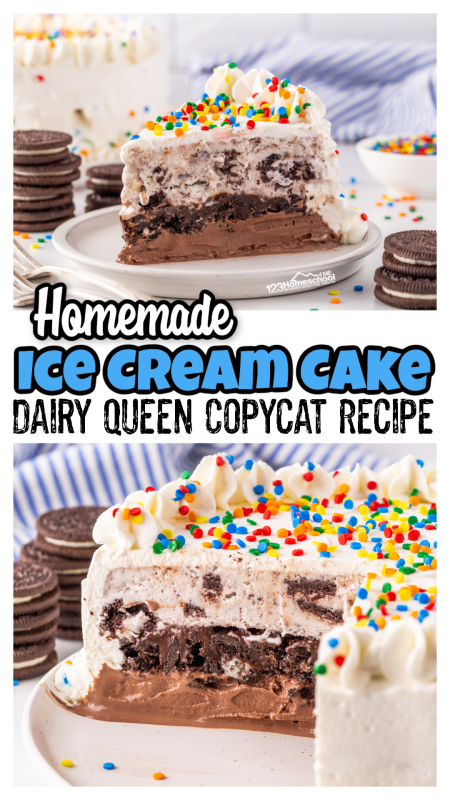 Get ready to fall in love with our copycat dq ice cream cake! This cookies and cream ice cream cake is just like the Dairy Queen treat, but is a homemade ice cream cake recipe. Ready to enjoy this easy oreo cookie ice cream cake? Let's get started!