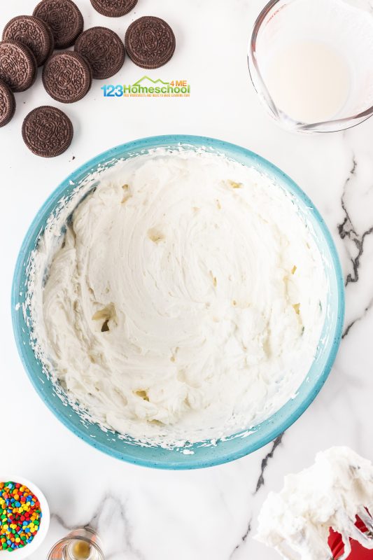 Homemade ice cream cake Grab your hand mixer and combine heavy whipping cream, powdered sugar, and a splash of vanilla extract! Whip until it reaches a thick, fluffy consistency
