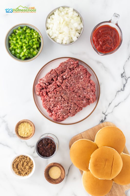Ingredients for sloppy joes Ready to throw together a quick dinner? Here is what you need:
ground beef
sweet onion
pepper
chipotle in adobo sauce
Chili sauce or ketchup
brown sugar (optional)
ground mustard
garlic powde
hamburger buns