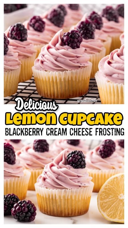 Looking for delicious cupcake flavors for summer? You will love these homemade lemon cupcakes with delightful blackberry frosting! This lemon cupcake recipe is truley the best and is so bright with so many notes of summer fruit! The blackberry icing is the perfect pairing for a not-too-sweet, fruity summer dessert!