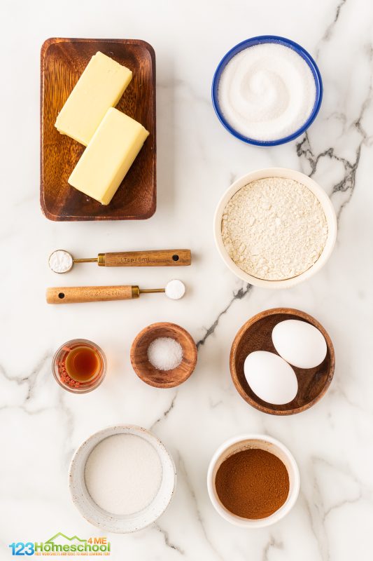 Here are the ingredients you will need to whip up a batch of snickerdoodles:

Butter
granulated sugar
eggs
vanilla extract
all purpose flour
cream of tartar 
baking soda
salt
cinnamon