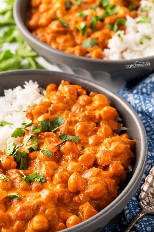 easy indian recipe Serve up deliciousness by dividing the cooked rice into bowls or plates. Next, generously spoon the flavorful chickpea mixture either on top or alongside the rice. And don’t forget the finishing touch: sprinkle fresh cilantro over the chickpeas. This isn’t just a garnish—it takes this Indian curry dish to the next level of flavor!