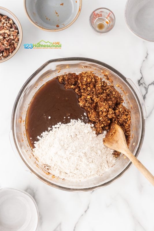 pumpkin recipe Combine the cooled butter and sugar mixture with all-purpose flour. Next, fold in the white chocolate chips and chopped pecans, mixing thoroughly. Once everything is well incorporated, let the mixture chill in the refrigerator for 10-15 minutes.