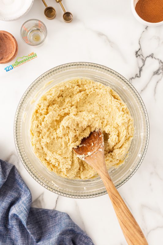 Gently fold the flour, cream of tartar, baking soda, and salt into the butter and sugar mixture until everything is just combined. 