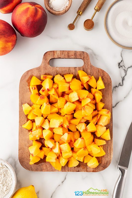 Prep the peaches: canned - drain the peaches and pat dry with a towel frozen - thaw the peaches in a strainer and slighly cold water. drain well and pat dry with a towel fresh - peel, slice, remove pit, and cut the peaches into bite size pieces. You need about 5 cups of peach chunks.