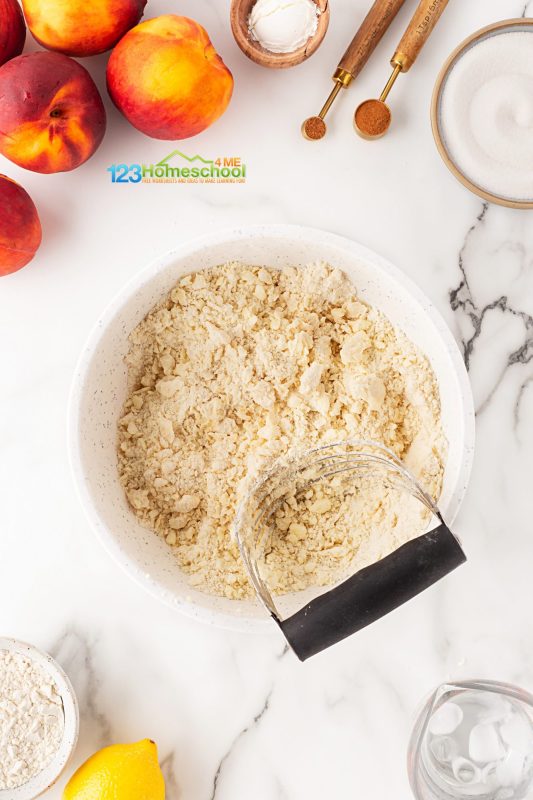 Let’s whip up a buttery, flaky, and subtly sweet crust for our delicious peach filling! In a large bowl, combine flour, sugar, and salt. Next, add in the cubed butter. Using a pastry cutter, food processor, or two forks, work the butter into the dry ingredients until you achieve pea-sized bits of butter coated in flour. Fill a cup with ice and cold water and give it a minute to chill. Slowly pour in 1/2 cup of the cold water into the flour mixture while stirring. Continue to add water gradually until the dough comes together easily, forming large clumps. The dough should feel moist and slightly sticky, but not overly wet.