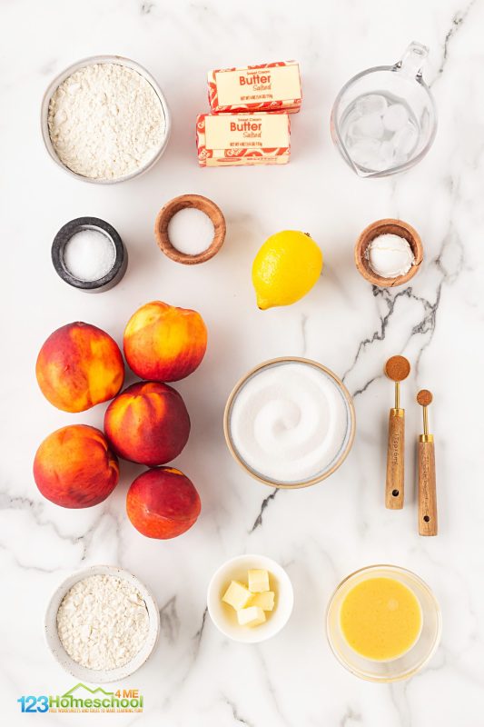 peach pie ingredients All you need to whip up a delicious pie from scratch are a few simple ingredients:
all-purpose flour
granulated sugar
salt
butter
water
peaches
cornstarch
lemon juice
cinnamon
nutmeg
egg