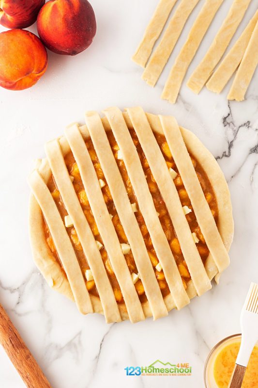 put 7 strips of pie crust across filled pie A lattice top pie crust is not only a classic technique that gives your pies that gorgeous, homemade touch, but it also allows for beautiful glimpses of the delicious filling inside!