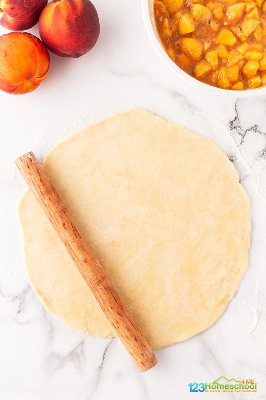 roll out half the dough to make a cricle that is larger than pie plate Start by placing your pie dough on a lightly floured surface. With floured hands, gently fold the dough into itself until the flour is fully blended with the fats. Shape it into a ball, then divide it in half. Flatten each half into a 1-inch thick disc using your hands.