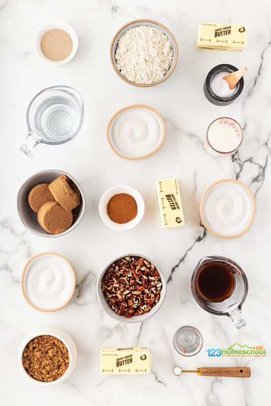 sticky bun ingredients All you need to whip up a ban of these fabulous sticky buns from scratch are a few common ingredients:
milk
granulated sugar
butter
instant yeast
water
all-purpose flour
salt
brown sugar
ground cinnamon
dark corn syrup
pecans