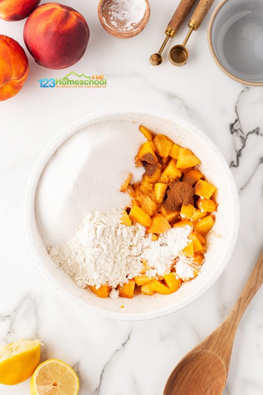 Ready to master the art of making delicious peach pie filling? Here’s how: In a large bowl, combine fresh peach chunks with granulated sugar, flour, cornstarch, lemon juice, nutmeg, and cinnamon. Mix until everything is well blended. Set this heavenly mixture aside and get ready to make some amazing pies!