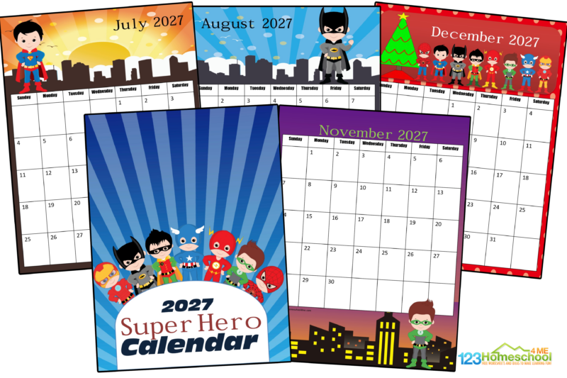 Do you have a little princess in your house? If so they will love having their very own super hero calendar to keep track of upcoming holidays, birthdays, classes, homework assignments, and vacation. Plus this gives children a great chance to practice using a calendar, learning the 12 months of the year, the 7 days of the week, etc. So bring a smile to toddlers, preschoolers, kindergarteners, grade 1 and grade 2 student’s face  and print of this free printable calendar. We’ve updated this Batman, Robin, Captain America, Ironman, Flash, Green Lantern,  Spiderman 2027 calendar.