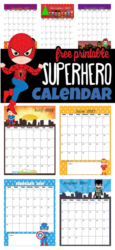 Kids will love keeping track of upcoming holidays while learning about the days, months, and weeks of the year with this super cute, free printable Superhero Calendar. This superhero calendar 2027 pdf file template includes your child’s favorite superhero such as Batman, Robin, Captain America, Ironman, Flash, Green Lantern,  Spiderman, and more! Simply print the kids calendar pages and assemble your free calendar for toddler, preschool, pre-k, kindergarten, first grade, 2nd grade and elementary age students!