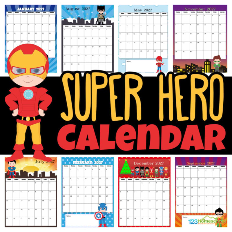 Keep your kids engaged and excited about learning the calendar with our adorable, free printable 2027 Superhero Calendar featuring their favorite superheroes—perfect for toddlers to elementary age!