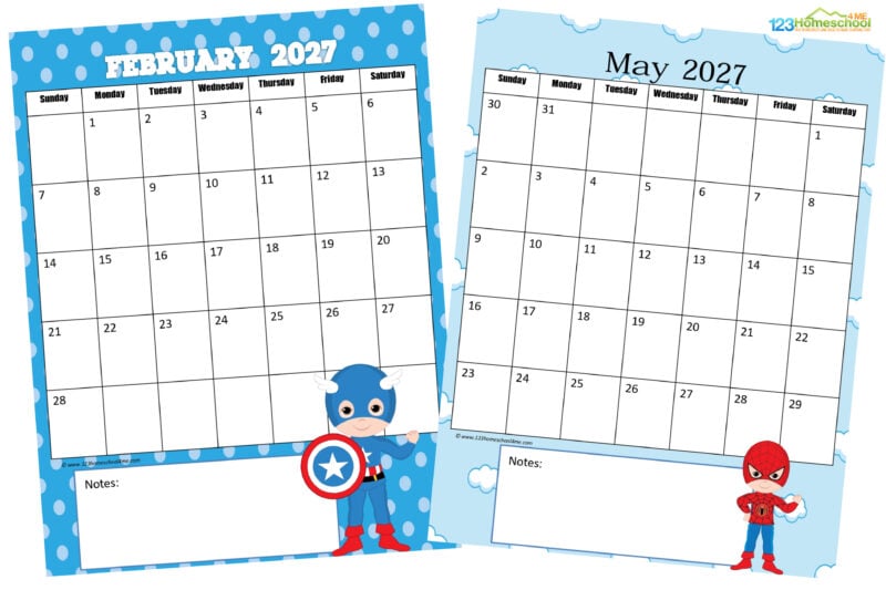 Just print these pages in color. You may want to print them on cardstock for durability. Now you have a hand free 2027 calendar you can use wherever you’d like!

January 2027 Calendar

February 2027 Calendar

March 2027 Calendar

April 2027 Calendar

May 2027 Calendar

June 2027 Calendar

July 2027 Calendar

August 2027 Calendar

September 2027 Calendar

October 2027 Calendar

November 2027 Calendar

December 2027 Calendar